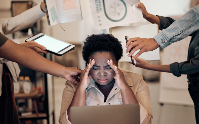 Stress, headache and multitask woman manager with anxiety, burnout