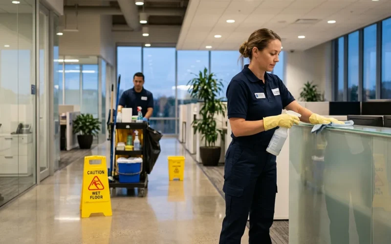 Uniformed janitor wiping a glass partition in an office while a colleague pushes a cleaning cart past a wet floor sign